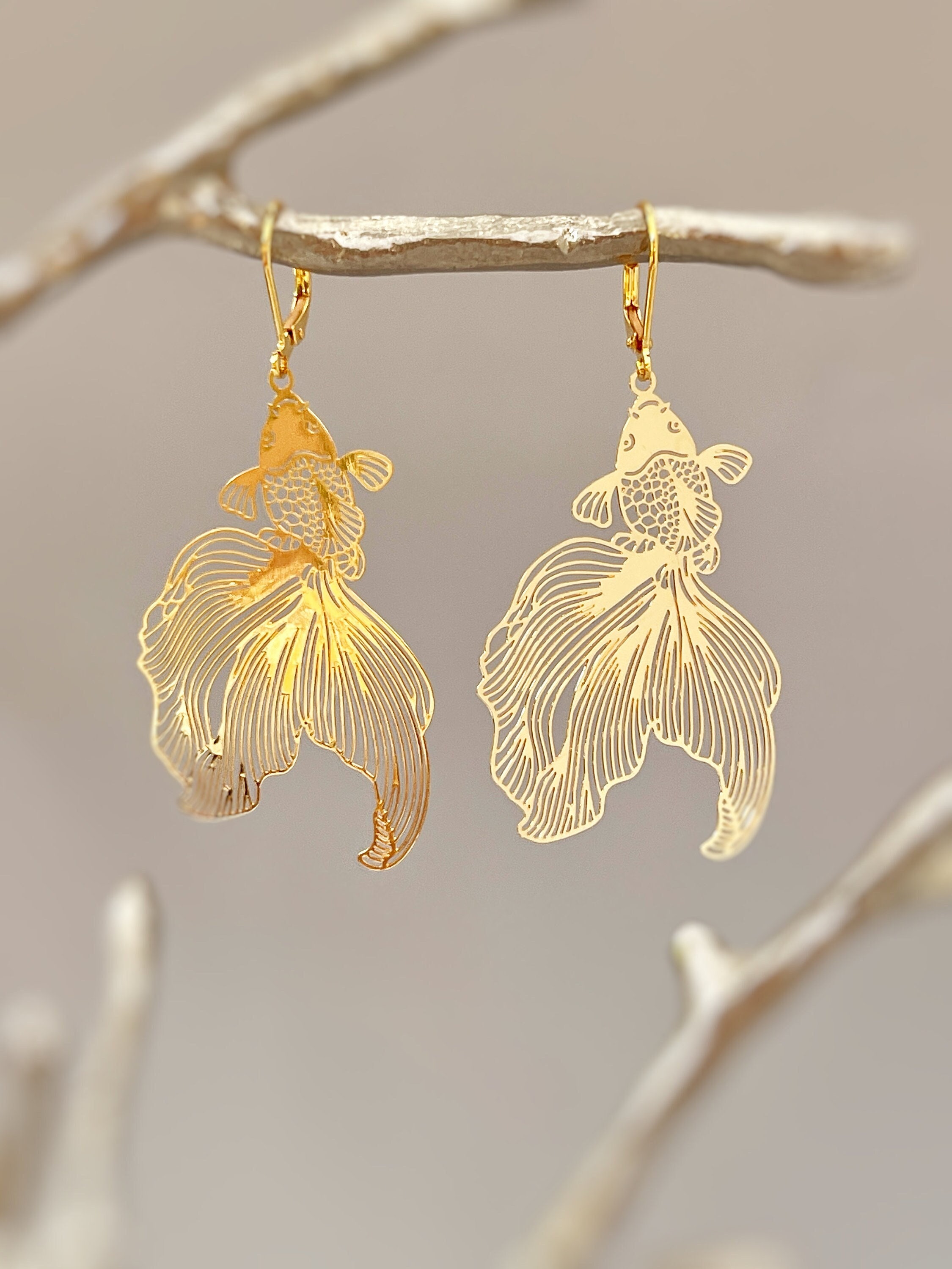 Goldfish Earrings, Dangly Statement Jewelry, big unique funky boho jewelry, lightweight large earrings fun gift for Koi Fish, animal lovers