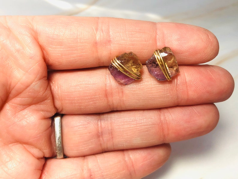 Citrine Earrings Ametrine Studs Raw Gemstone Earrings Rose Gold Handmade Citrine crystal posts sterling silver gold nugget gift for wife image 5