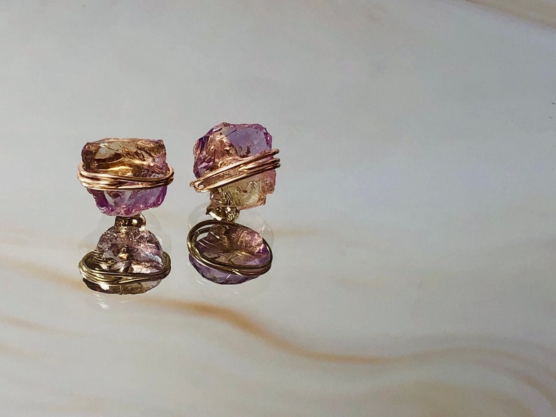 Citrine Earrings Ametrine Studs Raw Gemstone Earrings Rose Gold Handmade Citrine crystal posts sterling silver gold nugget gift for wife image 1