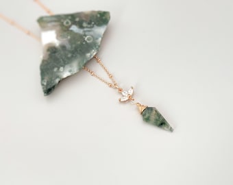 Moss Agate Necklace Rose Gold, crystal handmade gemstone pendant gold, sterling silver green gemstone jewelry layering necklace for women
