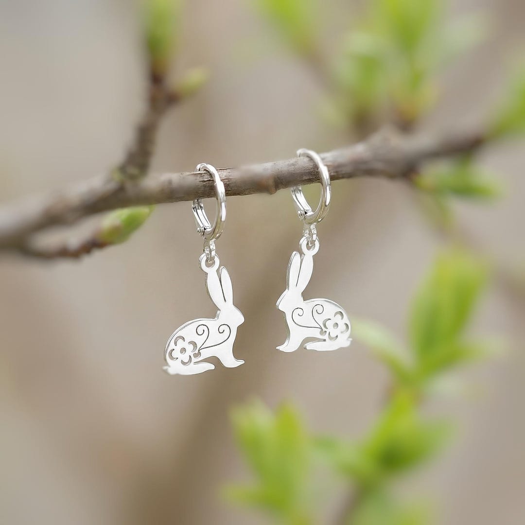 Svp Rabbit Bunny Rabbit Earrings Dangle Silver, Gold Huggie Hoops Cute Spring ...