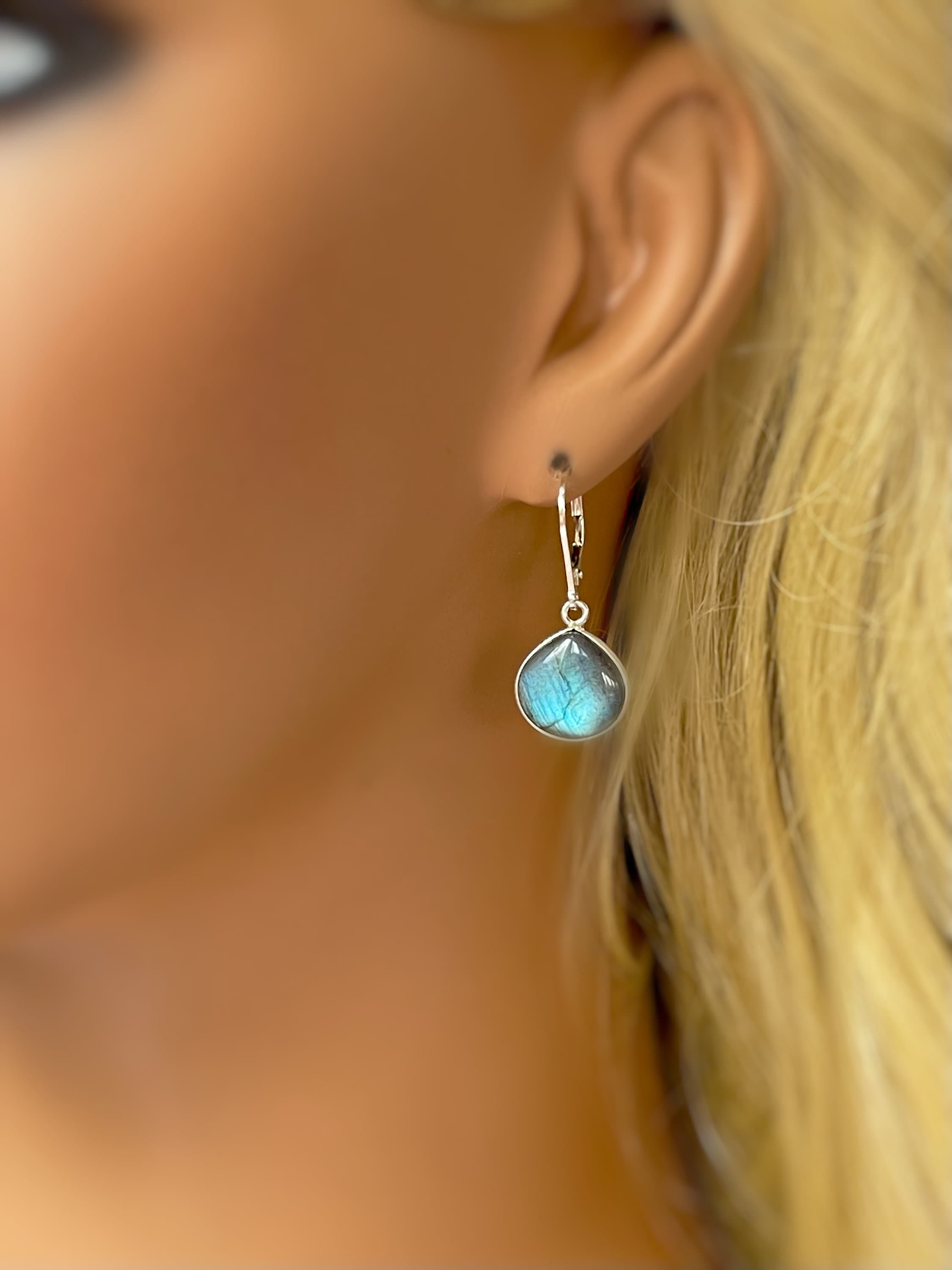 Natural Labradorite Oval Cabochon Gemstone Drop Dangle Earrings, Silver
