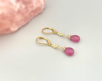 Pink Sapphire earrings dangle 14k Gold, Rose Gold, Sterling Silver dangly boho handmade gemstone jewelry for women September Birthstone