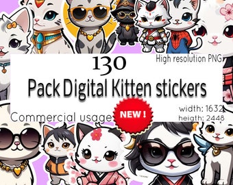 130 Kitten sticker pack, PNG, Cat lovers stickers, with assorted cats theme, water bottle, gift 4 kitten lovers, Digital Stickers printables