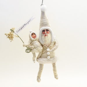 Spun Cotton White Santa And Child Christmas Ornament