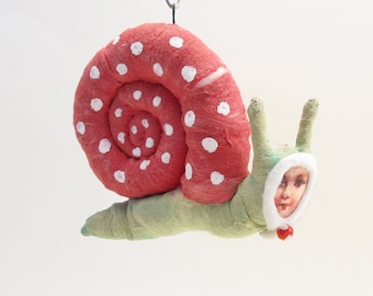 Vintage Style Spun Cotton Snail Person Red Spotted Shell Ornament