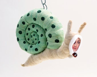 Vintage Style Spun Cotton Snail Person Mint Green Spotted Shell Ornament