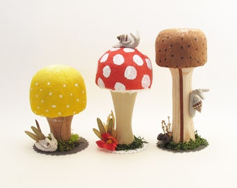 Medium Sized - Hand Turned Wood And Cotton Mushroom With Snail And Natural Elements