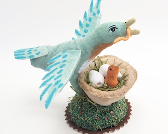 Spun Cotton Bluebird Feeding Baby Figure