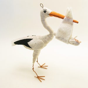 Spun Cotton Standing Stork and Baby Figure/Ornament One Single Baby