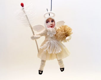 Spun Cotton Ivory Angel With Goose Feather Sprig Christmas Ornament