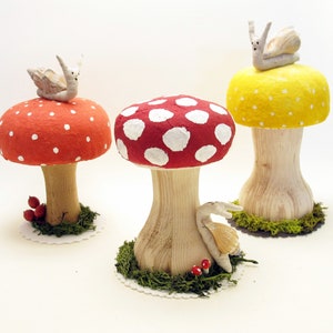 Large Sized Hand Turned Wood And Cotton Mushroom With Snail And Natural Elements image 1