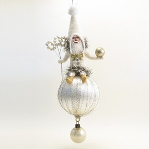 Spun Cotton White & Silver Santa on Assorted Ball Ornament