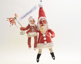 Spun Cotton Red Santa And Child Christmas Ornament