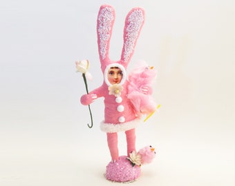 Spun Cotton Pink Easter Bunny Child With Chicks And Flower  - Spring Figure