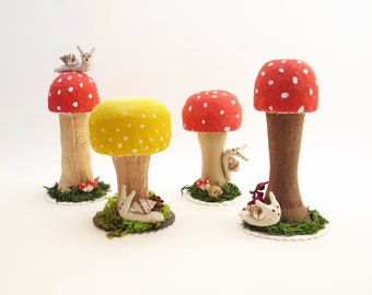 Small Sized - Hand Turned Wood And Cotton Mushroom With Snail And Natural Elements