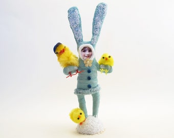 Spun Cotton Blue Chick Collecting Bunny Child - Spring Figure