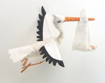 Spun Cotton Flying Stork and Baby Ornament