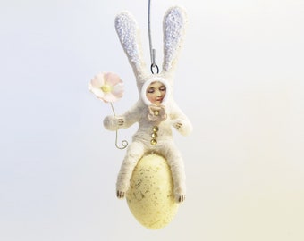 Spun Cotton White Bunny Child On Egg Seat - Hanging Ornament