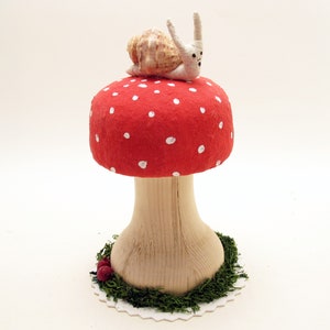 Large Sized Hand Turned Wood And Cotton Mushroom With Snail And Natural Elements Red SmSpot/LightStem