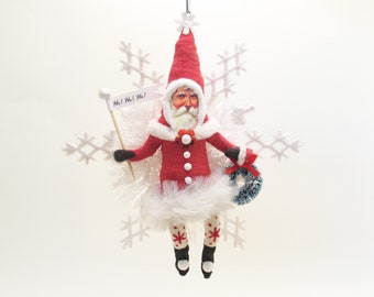 Spun Cotton Red Santa On White Snowflake Christmas Ornament