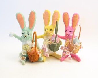 Spun Cotton Assorted Spring Easter Bunny With Basket Of Goodies Figure