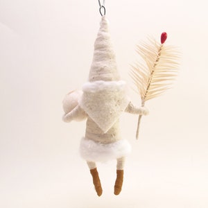 Spun Cotton Classic White Santa With Goose Feather Sprig Christmas Ornament image 2