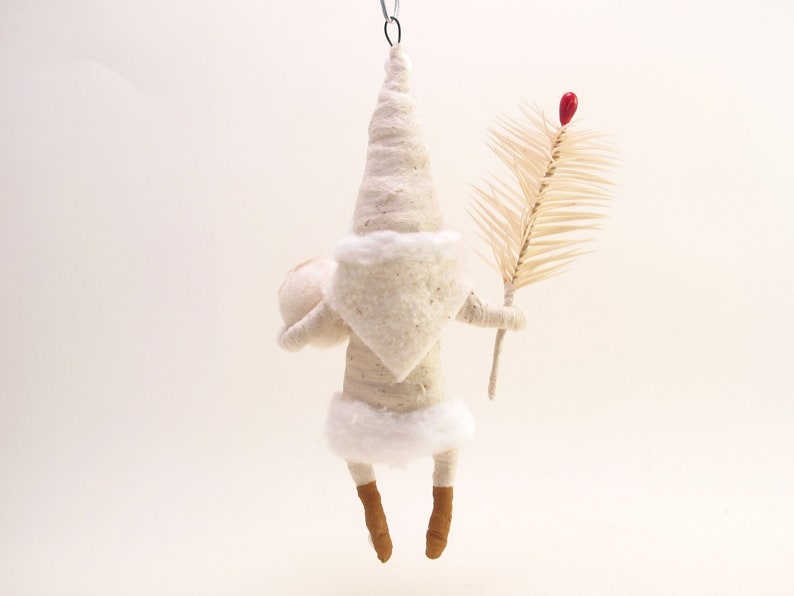 Spun Cotton Classic White Santa With Goose Feather Sprig Christmas Ornament image 2