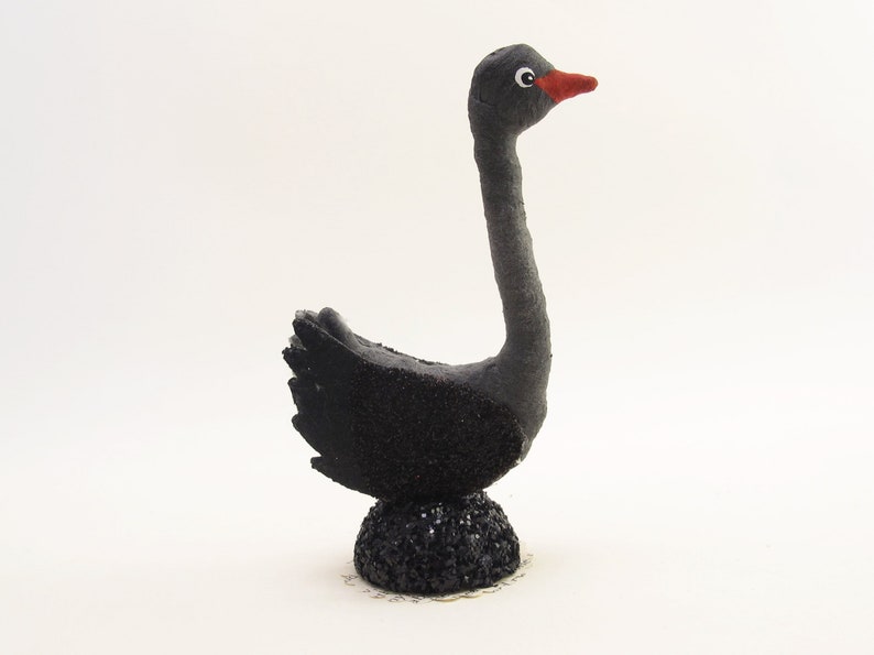 Vintage Inspired Spun Cotton Standing Swan Figure Black