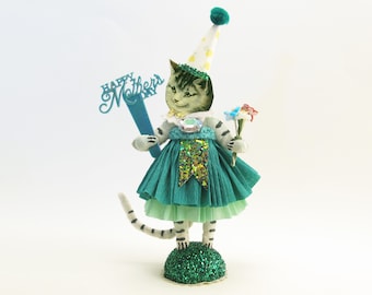 Spun Cotton OOAK Green "Happy Mother's Day" Kitty Figure