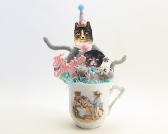 Spun Cotton OOAK Mama Cat & Kitten Tea Cup Mother's Day Figure