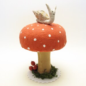 Large Sized Hand Turned Wood And Cotton Mushroom With Snail And Natural Elements Red SmSpot/DarkStem