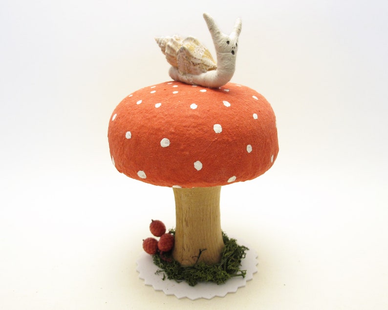 Large Sized Hand Turned Wood And Cotton Mushroom With Snail And Natural Elements Red SmSpot/DarkStem