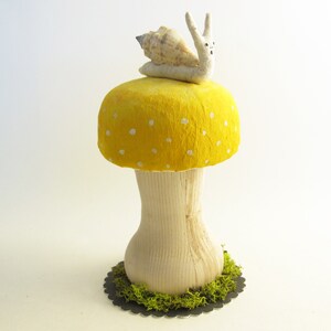 Large Sized Hand Turned Wood And Cotton Mushroom With Snail And Natural Elements Yellow