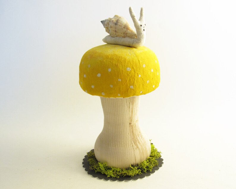 Large Sized Hand Turned Wood And Cotton Mushroom With Snail And Natural Elements Yellow