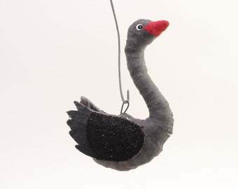 Vintage Inspired Spun Cotton Hanging Black Swan Ornament
