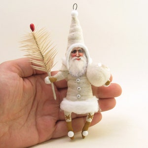 Spun Cotton Classic White Santa With Goose Feather Sprig Christmas Ornament image 3