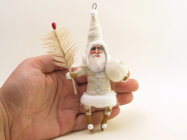 Spun Cotton Classic White Santa With Goose Feather Sprig Christmas Ornament image 3