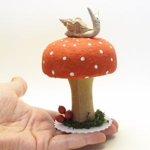 Large Sized Hand Turned Wood And Cotton Mushroom With Snail And Natural Elements image 6