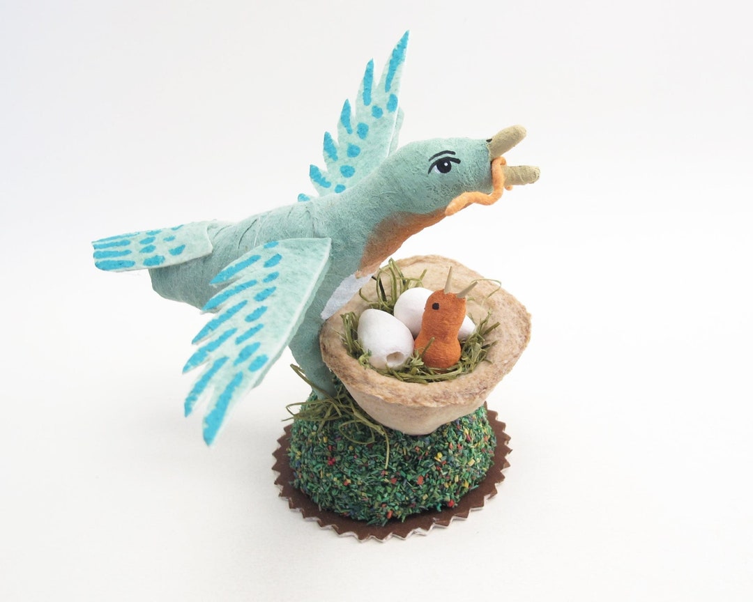 Spun Cotton Bluebird Feeding Baby Figure - Etsy