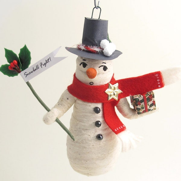 READY TO SHIP - Red Scarf Snowman Ornament - Spun Cotton - Vintage Style Christmas Decoration