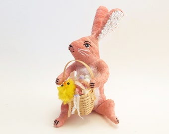 Spun Cotton Pink Easter Bunny With Easter Basket Figure