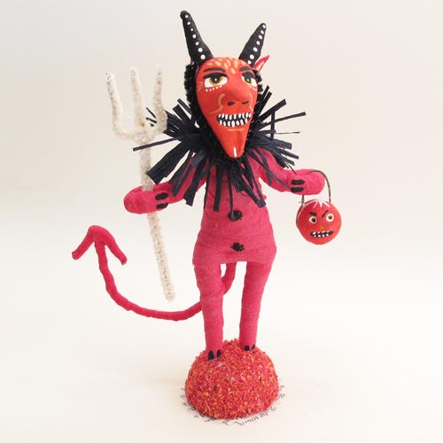 Diable rouge filé en coton filé (tête en papier mâché et argile sculptée et peinte à la main)