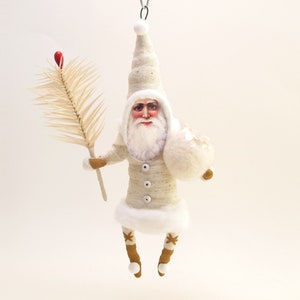 Spun Cotton Classic White Santa With Goose Feather Sprig Christmas Ornament image 1