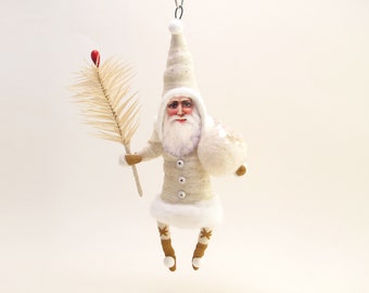 Spun Cotton Classic White Santa With Goose Feather Sprig Christmas Ornament