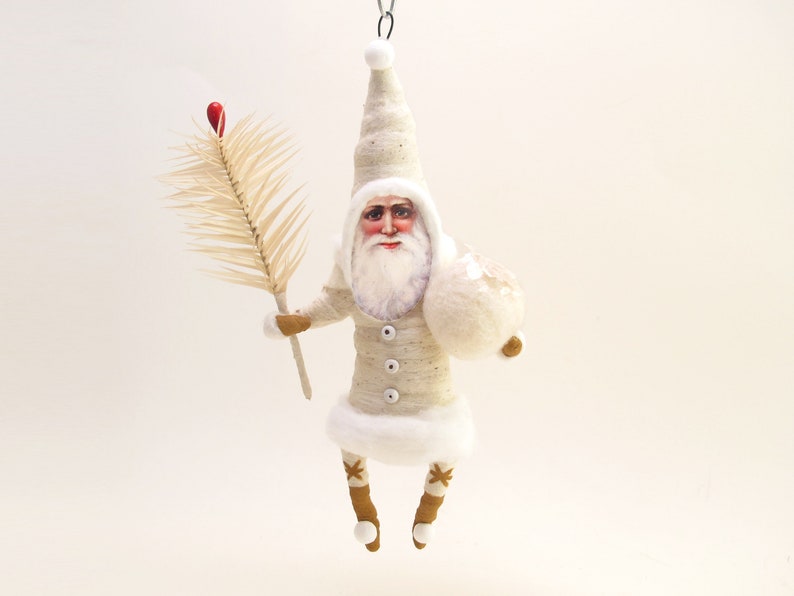 Spun Cotton Classic White Santa With Goose Feather Sprig Christmas Ornament image 1