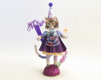 Spun Cotton OOAK Purple "Happy Mother's Day" Kitty Figure