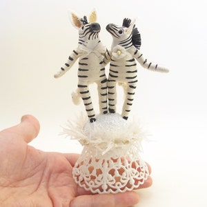 One Of A Kind Spun Cotton Zebra Wedding Cake Topper With Sculpted Heads image 4