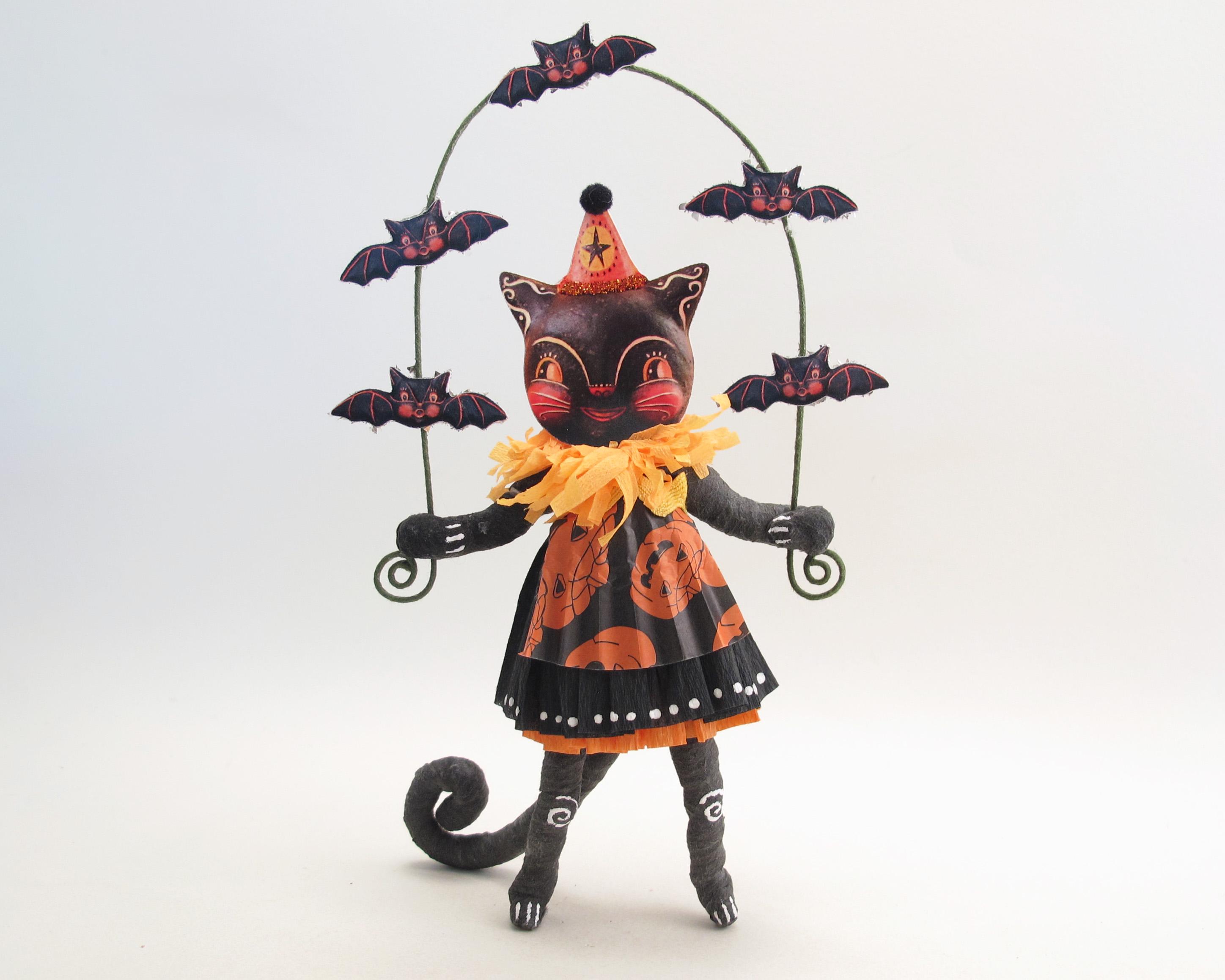 Spun Cotton Bat Juggling Cat Girl Halloween Figure - in