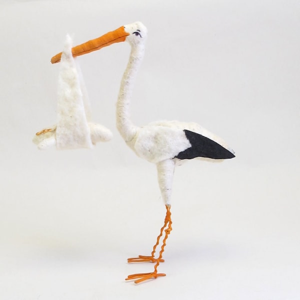 Vintage Inspired Spun Cotton Stork and Baby